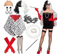 Cruella Costume Femme 10 Pièces Cruella Deville Costume Perruque Noir Blanc