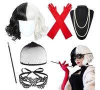 Cruella Costume Halloween Perruque Courte Noire Blanche Halloween Costume, Perruque Cruella, Cruella Costume, avec Dentelle Masque Gants, Cruella Deguisement Femme pour Halloween, Carnaval, Cosplay