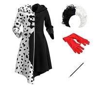 Cruella de Vil Deville Costume de Déguisement pour Fille Enfants Film 101 Dalmatiens Halloween Cosplay Pois Blanc Noir Manteau Gants Perruque Porte-Cigarette 4pcs Set Carnaval Travestir 5-6 Ans