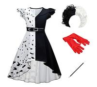Cruella de Vil Deville Costume de Déguisement pour Fille Enfants Film 101 Dalmatiens Halloween Cosplay Pois Blanc Noir Robe Gants Perruque Porte-Cigarette 4pcs Set Carnaval Travestir 4-5 Ans