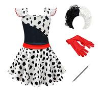 Cruella de Vil Deville Costume de Déguisement pour Fille Enfants Film 101 Dalmatiens Halloween Cosplay Pois Blanc Noir Repéré Robe Gants Perruque Porte-Cigarette 4pcs Set Carnaval Travestir 3-4 Ans