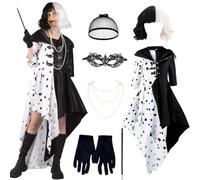 Cruella Deguisement Femme, Déguisement Cruella, Noire et Blanche Robe À Pois Sorcière avec Gants, Masque, Collier de Perles et Perruque pour Mardi Gras, Halloween, Carnaval Mascarade