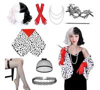Cruella Devil Costume pour femme, 9 pièces, perruque Cruella Deville, perruque Cruella Devil avec fausse écharpe, gants, bonnet de perruque, masque en dentelle, colliers, bas en résille, support