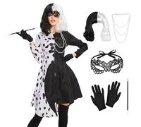 Cruella Devil Lot de 6 costumes pour femme avec perruque, masque, gants, collier de perles et longue barre, robe dalmatien noir et blanc, pour carnaval, cosplay, fête, carnaval (XXL)