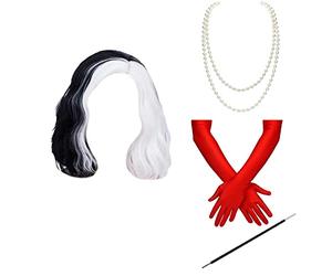 Cruella Perruque Gants Accessoires Femmes Filles Halloween Carnaval Cosplay Costumes Blanc Noir Perruque Titulaire Collier Jeu de Rôle Photoshoot Prop pour Enfant Adulte Femme-4pcs 02 Taille Unique