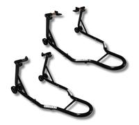 CRUIZER Béquille moto avant avec fixations à cônes + Béquille arrière à plaques réglables avec roues sous-jacentes barres renforts latéraux Charge maximale 600 kg