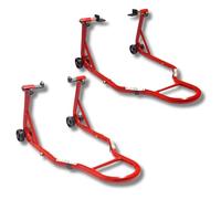 CRUIZER Béquille moto avant avec fixations à cônes + Béquille arrière à plaques réglables avec roues sous-jacentes barres renforts latéraux Charge maximale 600 kg