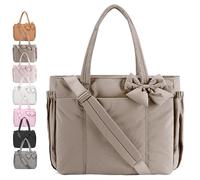 Crush Bow Tote Bag for Women, Lightweight Puffy Quilted Bow Handbag Shoulder Bag, 23L, for Work, Gym, Travel (Dark Gray)