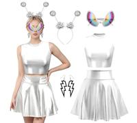 Crusward Costume d'alien pour femme - Costume d'alien argenté pour femme - Avec jupe argentée métallisée, lunettes d'alien, serre-tête alien, costume d'extraterrestre - Cosplay adulte - Pour carnaval,