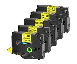 Cruxer Lot de 5 cassettes d'étiquetage compatibles avec Brother HSe-651 HSe651 23,6 mm 1,5 m étiquette de câble pour PT-E500 PT-E550W PT-P700 PT-P710BT PT-P750W PT-P750WVP, noir sur jaune