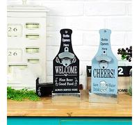 Cryfokt Ouvre-bouteille Mural Vintage avec Plateau de Récupération en Bois et Acier, Ouverture à une Main pour Man Cave Bar Cuisine Ouvre-bouteille de Bière Rustique (2)