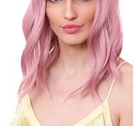Cryfokt Pink Curly Wavy Short Bob Synthetic Wig for Women, Adjustable Nylon