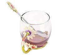 Cryfokt Tasse à café en Verre Faite à la Main Ornée de Fleurs, Cuillère Exquise, sans Danger pour la santé, Coffret Cadeau, 21,2-21,6 Oz (Chrysanthème Vert 320ML)