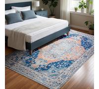 CRYPTOLITE Tapis d'intérieur Lavable, Style bohème antidérapant, pour Salon, Chambre à Coucher, Salle à Manger, entrée, Motif médaillon Classique, Bleu Marine et Orange, 102 x 182 cm