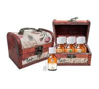 Crysalis Aromatherapy Essential Oil Gift Set - Lot de 6 bouteilles de 15 ml (lavande, menthe poivrée, eucalyptus, citron, arbre à thé, rosemary) dans une boîte en bois vintage avec design floral et