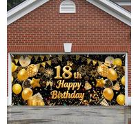 CRYSLOVE Bannière de Porte de Garage Anniversaire 180x400 cm,Toile Imperméable Décoration Extérieure Motif Ballon Lapin Oeufs pour Anniversaire,Mariage,Pâques,Fête des Mères (18th Birthday)