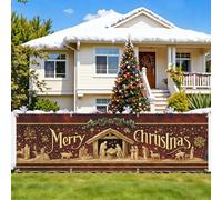 CRYSLOVE Bannière Extérieure 300x90cm pour Saint-Valentin, Saint-Patrick & Printemps - Décoration de Jardin en Tissu pour Fêtes (Merry Christmas- la Nativité)