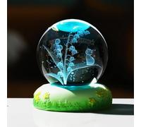 Crystal Ball Engraved with 3D Cat and Lily of The Valley Figurine with LED Colorful Base, Glass Sphere Collectible Ornament Gifts for Women Lovers,A-60mm
