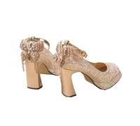 Crystal Shoes with Buckle High Heel Wedding for Brides Short Women Square Head Platform Single(Champagne Color,37)