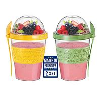 CRYSTALIA Réutilisable Bol Muesli a Emporter Lot de 2 100% SANS BPA Yaourt to Go, Lave-Vaisselle, Boite Repas à Emporter Boite Yaourt Muesli to Go avec Cuillère et Couvercles, Bol Yaourt a Emporter