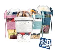 Crystalia Réutilisables Bol Muesli a Emporter Lot de 4 100% SANS BPA Yaourt to Go, Lave-Vaisselle, Boite Repas à Emporter Boite Yaourt Muesli to Go avec Cuillère et Couvercles Boîte à Déjeuner