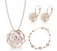 Crystalline Azuria Femme Ensemble des Roses Collier et Pendants Levier Dos Boucles d'Oreilles Bracelet 18ct Plaqué Or Rosé avec Cristaux Blancs
