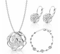 Crystalline Azuria Femme Ensemble des Roses Collier et Pendants Levier Dos Boucles d'Oreilles Bracelet 18ct Plaqué Or Blanc avec Cristaux Blancs