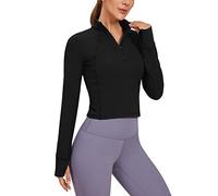 CRZ YOGA Femmes Butterluxe à Manches Longues 1/2 Fermeture Éclair Pullover Athlétique Recadré Hauts avec Trous pour Les Pouces Noir 36