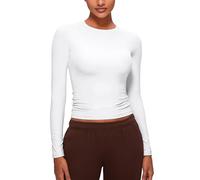 CRZ YOGA Softembrace Chemisier à Manches Longues pour Femmes Col Ras du Cou Hauts Basiques d'automne Blanc 46