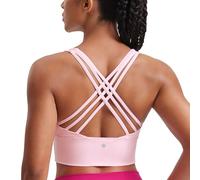 CRZ YOGA Soutien-Gorge de Sport Long Dos Croisé pour Femme, Haut de Yoga Fitness, Rembourré sans Fil Rose Fraise S