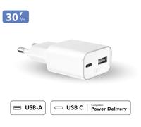 Force Power Chargeur secteur 30W USB-A+USB-C GaN Power Delivery Blanc recyclé