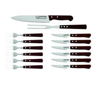 CS Kochsysteme Set de Couverts à Steak 14 pièces en Acier Inoxydable avec 6 Couteaux à Steak 6 fourchettes 1 Couteau de Chef 1 Fourchette à Viande avec Manche en Bois