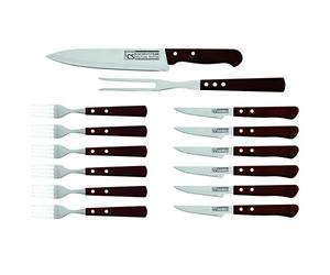 CS Kochsysteme Set de Couverts à Steak 14 pièces en Acier Inoxydable avec 6 Couteaux à Steak 6 fourchettes 1 Couteau de Chef 1 Fourchette à Viande avec Manche en Bois