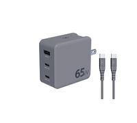 Force Power – Adaptateur de voyage – PD GaN 65 W – USB-A + 2×USB-C – Gris