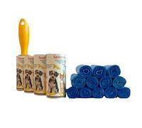 CSC - Kit de Nettoyage pour Animaux, Brosse à Poils adhésifs avec poignée Design et 3 recharges, Tot 144 Feuilles enlever Les Poils et 240 Sacs pour Chien Anti-Odeur, résistants et imperméables,