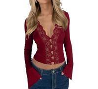 CSDAJIO Haut à manches longues en dentelle pour femme, col en V profond, boutonné, ouverture sur le devant, chemise sexy pour sortir, coupe ajustée, bordeaux, Taille M