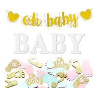 Csirnto Baby Shower Décoration, Lettres en Bois Baby Ornement Blanc, Baby Shower Bannière Banderole Guirlande et Lot de Confettis en Forme de Pied pour Fête de Naissance Anniversaire Fille Garçon