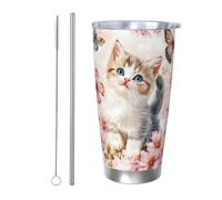 CSIVKEJ Gobelet isotherme en acier inoxydable avec couvercle et paille - 591 ml - Motif chats et papillons - Compatible avec la plupart des supports de voiture