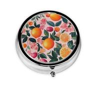 CSIVKEJ Pilulier rond à 3 compartiments avec imprimé floral et fruits - Poche décorative - Portable - Mini organisateur de médicaments de voyage