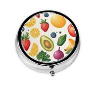 CSIVKEJ Pilulier rond à 3 compartiments avec imprimé légumes et fruits, sac à main, portable, mini organisateur de médicaments de voyage