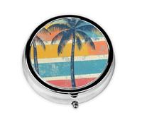 CSIVKEJ Pilulier rond à 3 compartiments avec imprimé palmier de plage, sac à main, portable, mini organisateur de médicaments de voyage