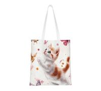CSIVKEJ Sac fourre-tout en toile pour femme, sac à bandoulière décontracté, réutilisable, sac d'épicerie multifonction, Cute Cats Butterfly Floral 9, 38cmx40.6cm