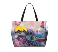 CSIVKEJ Sacs de plage pour femmes, sacs fourre-tout de plage imperméables avec fermeture éclair, sac de piscine pour voyage, vacances, Tortue Papillon Fleur 20, 45x38x17 cm