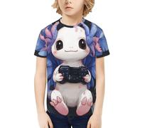 CSIVKEJ T-shirt fantaisie à manches courtes et col rond pour garçons et filles de 6 à 16 ans, Axolotl Play Games 19, 12-14 ans