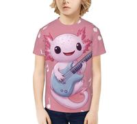 CSIVKEJ T-shirt fantaisie à manches courtes et col rond pour garçons et filles de 6 à 16 ans, Guitare Axolotl Rose 7, 12-14 ans