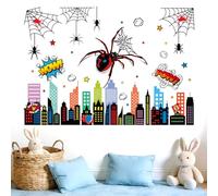 Csoisoy 2pcs Stickers Muraux Araignée, Toile d'Araignée Représentant Une Ville à Décoller et Coller Décoration Idéale pour Salle de Jeux Chambre Ou Fête