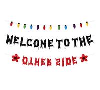 Csoisoy Bannière Welcome to an Other Side, Pré-Enfilée Démon Inversé Anniversaire Banderole Effrayante avec Fleurs et Ampoules Décorationde Style Inversé Fournitures pour Halloween ou Anniversaire