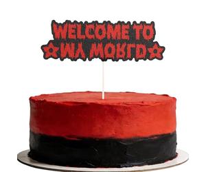 Csoisoy Décoration de Gâteau Welcome To My World, en Papier Pailleté Rouge et Noir Sur Le Thème de l'Horreur avec Des Motifs Fleurs Carnivores pour Une Fête d'Anniversaire Ou d'Halloween