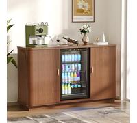 CSstone Meuble Bar à café de 130 cm de Long avec Porte Tambour, Espace réfrigérateur, Buffet rétro Multifonctionnel avec Station de Recharge, casier à vin Amovible et étagères réglables.