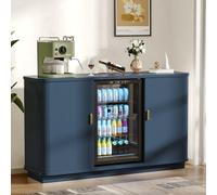 CSstone Meuble Bar à café de 130 cm de Long avec Porte Tambour, Espace réfrigérateur, Buffet rétro Multifonctionnel avec Station de Recharge, casier à vin Amovible et étagères réglables.